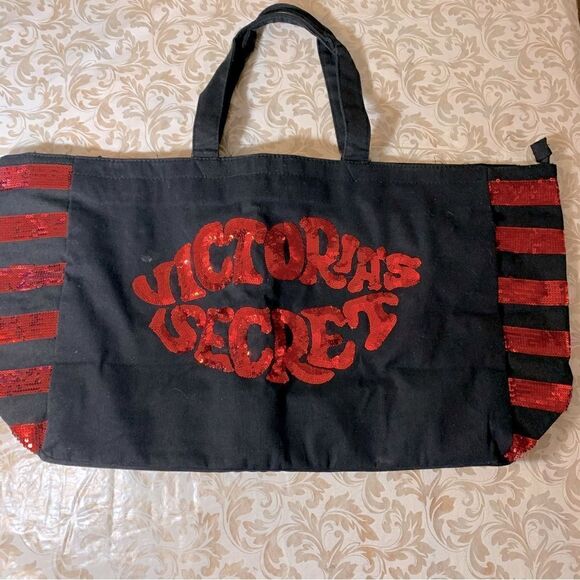 Large Victoria’s Secret Tote Weekender Shopper XL Black Canvas & Red Sequins - Picture 2 of 4